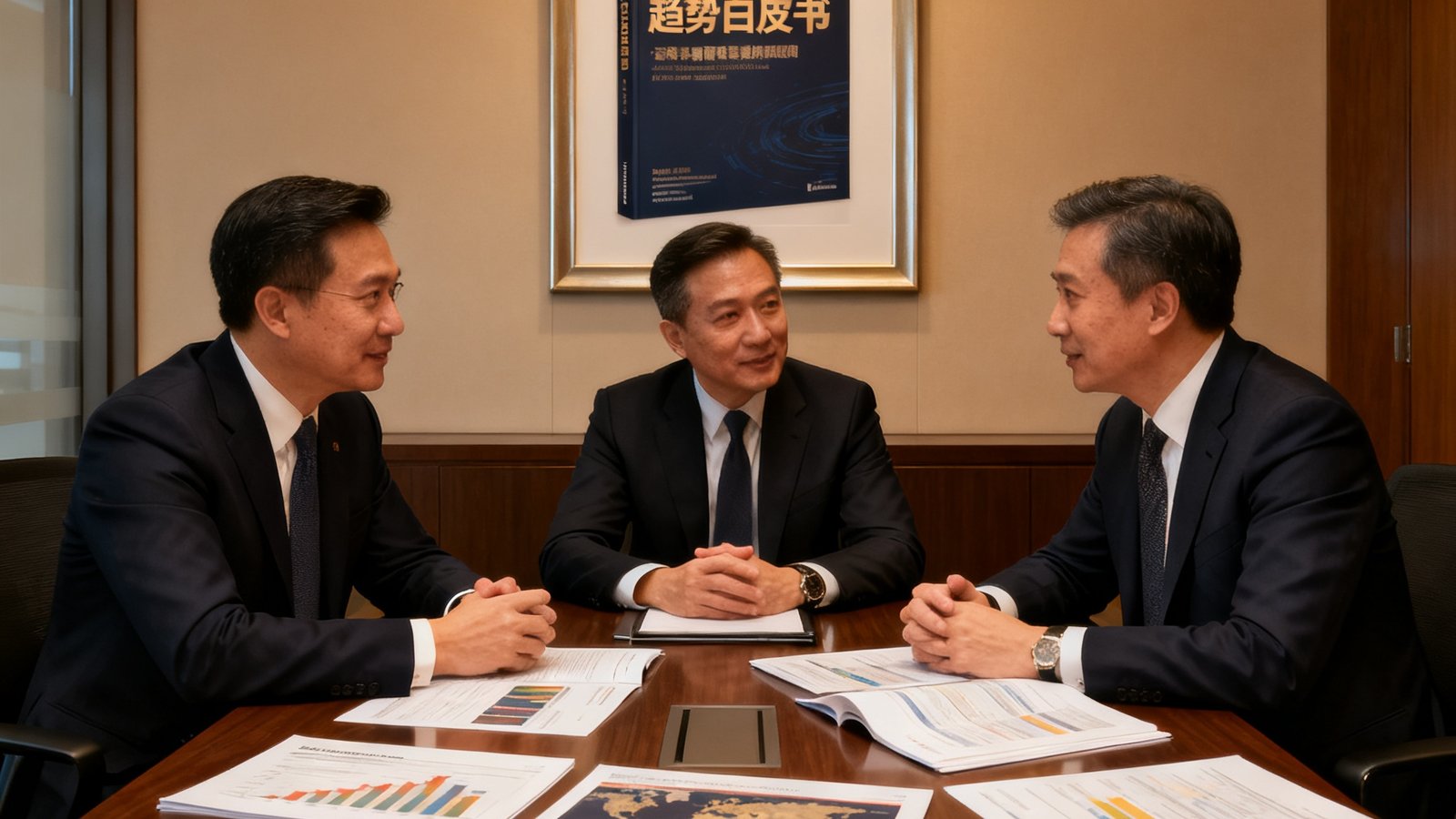 GBTJT贵宾厅集团三位创始人在香港铜锣湾旗舰厅的私密会议室内进行策略讨论，身着深色定制西装，背景墙面悬挂着全球资产趋势白皮书封面装裱画，桌面铺开各国际市场分析报告