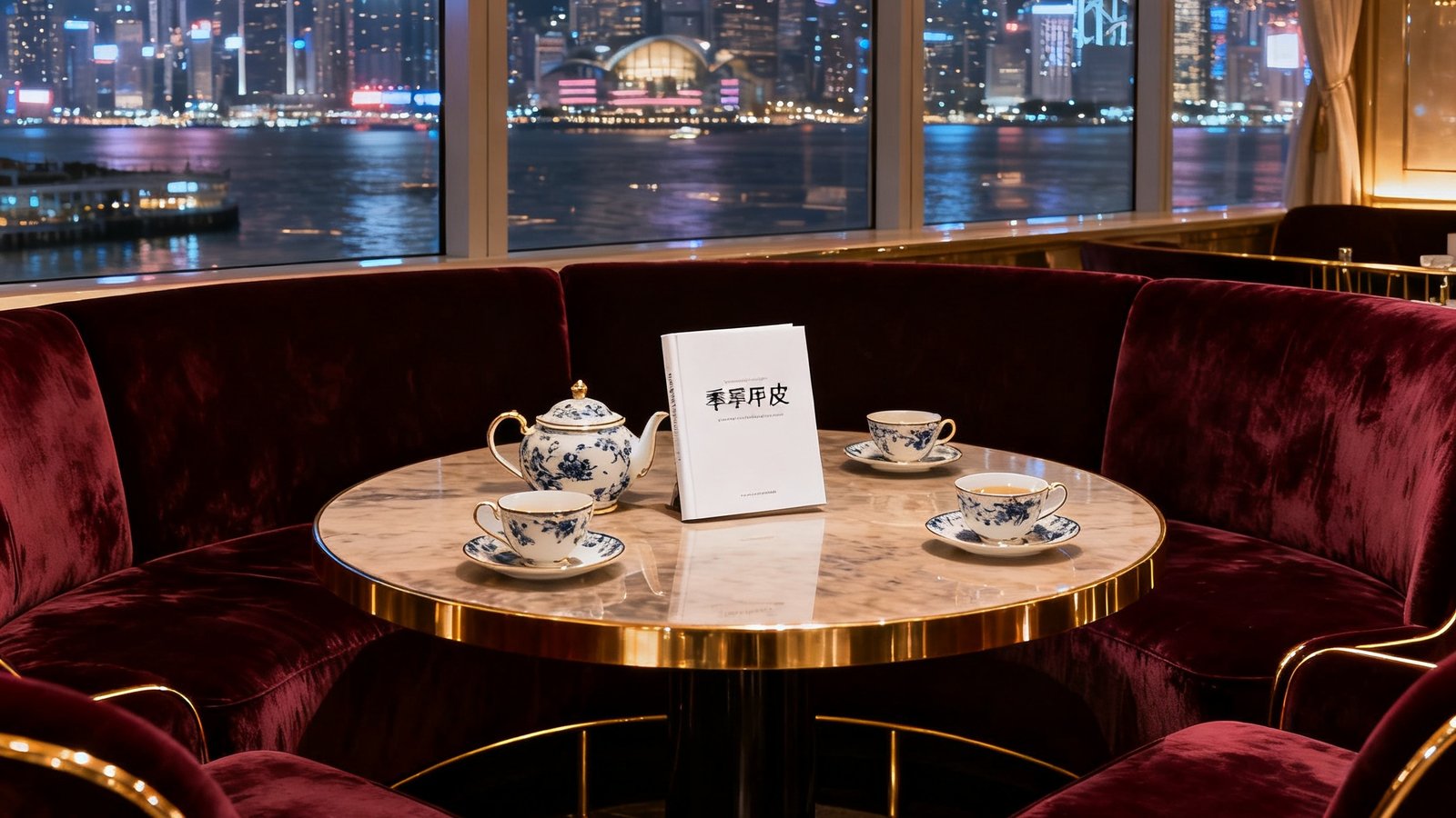 GBTJT贵宾厅香港铜锣湾旗舰空间内部实景拍摄，深酒红色天鹅绒沙发搭配金色金属装饰线条，落地窗外维多利亚港璀璨夜景一览无余，圆桌中央摆放着精致的骨瓷茶具和当季白皮书
