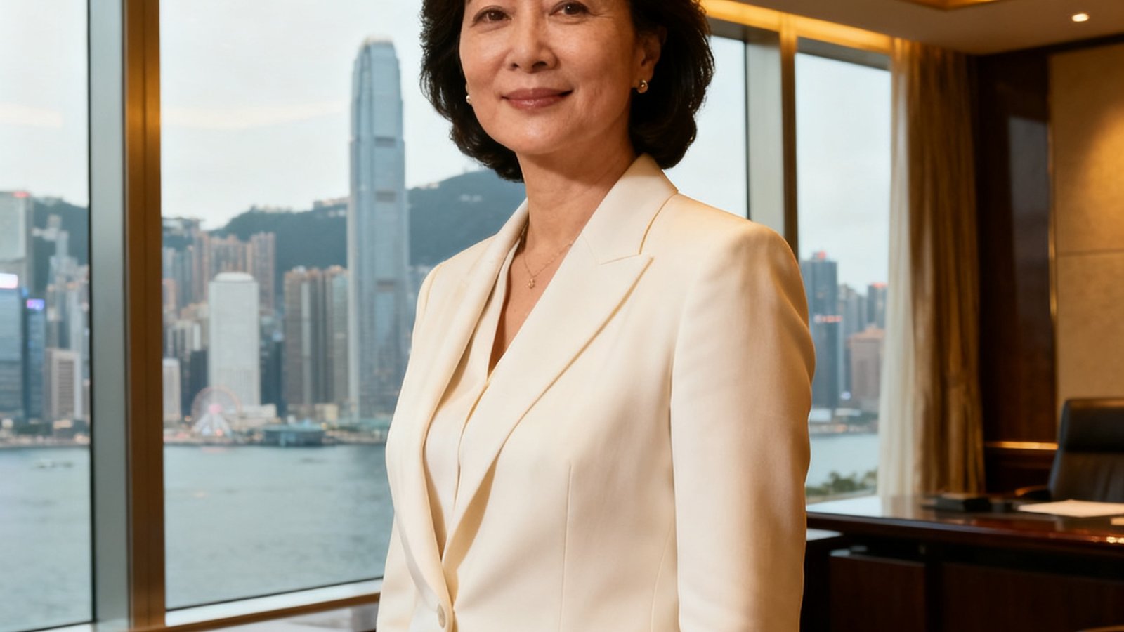 GBTJT法务总监陈雅文律师的专业形象照，四十岁出头女性，穿着米白色西装外套，站在贵宾厅落地窗前，背景是香港中环天际线，表情温和而专业