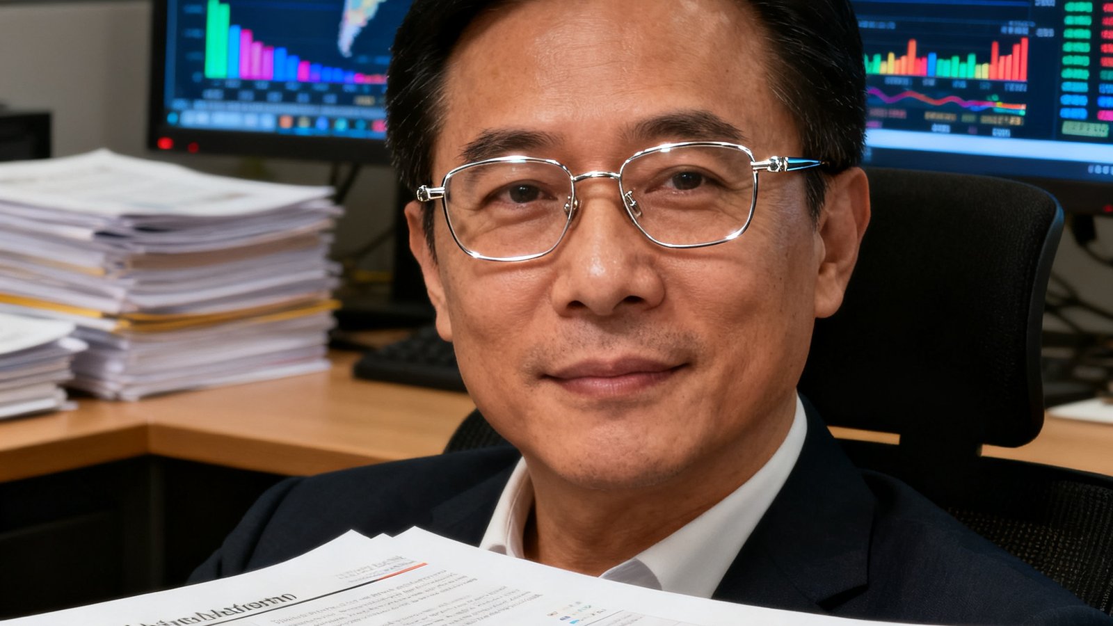 GBTJT研究主管David Chen的半身近景照，四十岁男性，戴着精致金属框眼镜，坐在堆满研究报告的办公桌前，背后屏幕显示全球资产走势图表