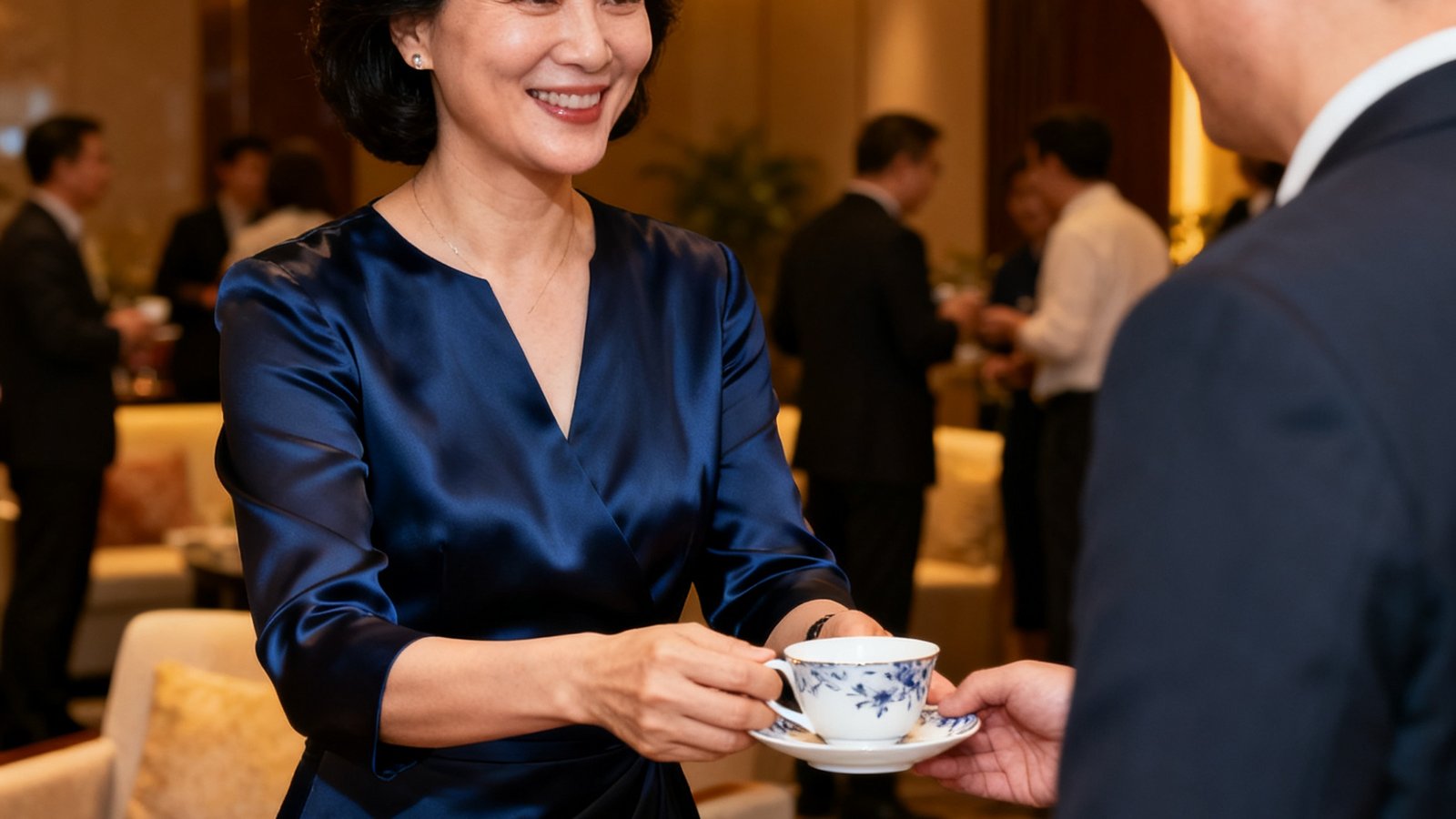 GBTJT会员关系总监李婉清在贵宾厅沙龙区接待客人的场景照，三十五岁女性，身着深蓝色丝质连衣裙，面带微笑为客人递上骨瓷茶杯，背景可见其他嘉宾在交流
